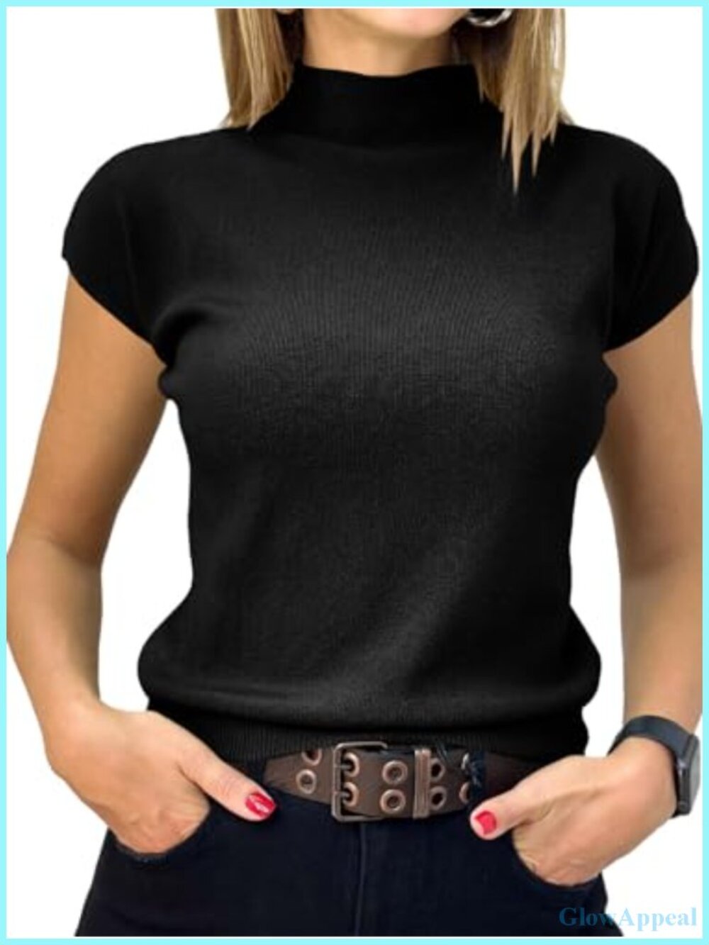 Short Sleeve Mock Neck Ribbed Knit Pullover Sweater Top